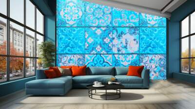 Blue turquoise aquamarine vintage retro geometric rectangle mosaic motif cement tiles texture background banner panorama  Wall mural