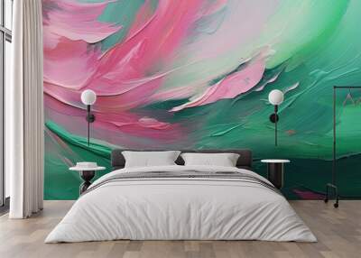 Closeup of abstract rough colorful green pink colors art painting texture background wallpaper, with oil or acrylic brushstroke waves, pallet knife paint on canvas Wall mural