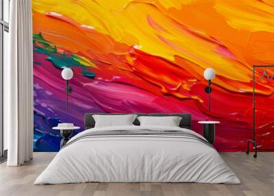 Closeup of abstract rough colorful multicolored rainbow colors art painting texture background banner long panorama, with oil acrylic brushstroke, pallet knife paint on canvas wallpaper Wall mural