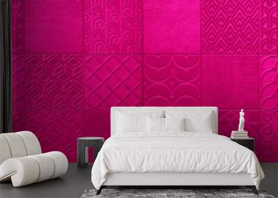 Dark pink magenta abstract vintage retro geometric square mosaic motif cement tiles texture background banner panorama Wall mural