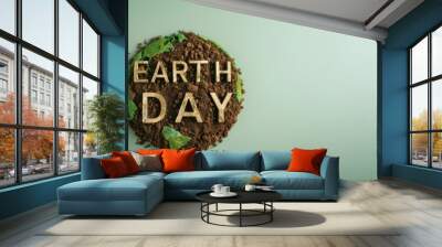 Earth Day / environment protection eco care ecology future recycling, responsibility save concept background - Close up of world globe planet made of soil, isolated on green background Wall mural