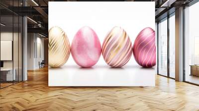 Easter holiday celebration banner greeting card - Set collection of colorful pink gold painted striped easter eggs, isolated on white table texture Wall mural