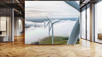 Electricity generation with renewable energy, electric, wind power plant, wind power energy concept - Close up of wind turbine park Wall mural