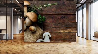 Fresh forest mushrooms /Boletus edulis (king bolete) / penny bun / cep / porcini / mushroom in an old bowl / plate and rosemary parsley herbs on the wooden dark brown table, top view background banner Wall mural