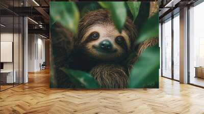 Funny animal wildlife photography banner background - Closeup of sloth chilling on a tree with leaves Wall mural