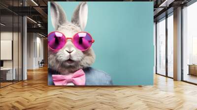 Funny easter concept holiday animal celebration greeting card - Cool easter bunny, rabbit with pink sunglasses and bow tie, isolated on blue background Wall mural