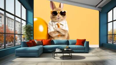 Funny easter concept holiday animal greeting card - Cool Easter bunny with sunglasses leans on a large painted yellow easter egg on table Wall mural