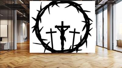 Good friday crucifixion Easter religious vector illustration - Black silhouette of Crown of thorns icon symbol and crucifix cross with jesus, isolated on white background Wall mural