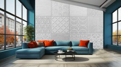 Gray bright vintage retro geometric square mosaic motif  cement concrete tiles texture background banner panorama Wall mural