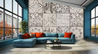 Gray white bright vintage retro geometric square mosaic motif cement tiles texture background Wall mural