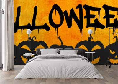 HALLOWEEN background banner wide panoramic panorama template -Silhouette of scary carved luminous cartoon pumpkins and bats isolated on abstract grunge orange texture Wall mural