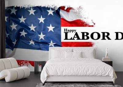 Happy Labor Day USA America background banner panorama greting card template - American waving flag and lettering, isolated on rustic white texture Wall mural