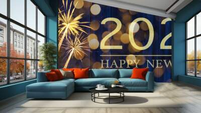 HAPPY NEW YEAR 2024 celebration holiday firework background greeting card banner  - Golden fireworks on blue wooden wall texture Wall mural