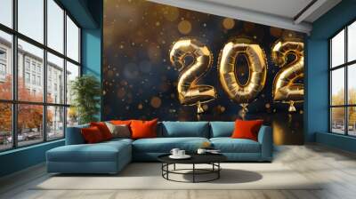 HAPPY NEW YEAR 2025 - Festive silvester party celebration holiday, new year's eve concept greeting card - Golden year number date balloons, isolated on black table background Wall mural