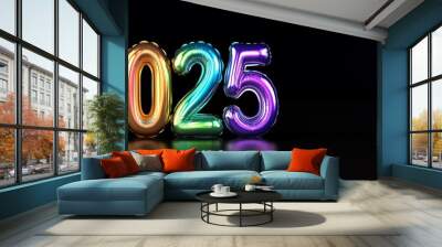 HAPPY NEW YEAR 2025 - Silvester party celebration holiday, new year's eve concept greeting card banner  - Rainbow colored year number date balloons font, isolated on black table background reflection Wall mural