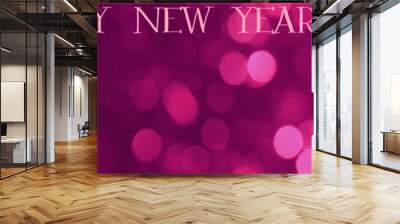 Happy New Year background banner panorama long greeting card template - Festive pink magenta firework and bokeh lights isolated on dark black night sky, with space for text Wall mural