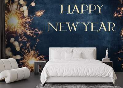 HAPPY NEW YEAR Fireworks sparkler 2024 background greeting card - Firework, sparklers and bokeh lights and sparklers on dark blue night sky Wall mural