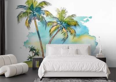 Holiday summer travel vacation illustration  - Watercolor painting of palms, palm tree on teh beach with ocean sea, design for logo or t shirt, isolated on white background (Generative Ai) Wall mural