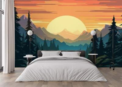 Landscape forest mountains nature adventure travel background panorama - Illustration of valley view of forest fir trees, mountains and sunset, Generative Ai Wall mural