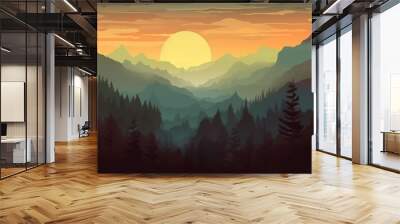 Landscape forest mountains nature adventure travel background panorama - Illustration of valley view of forest fir trees, mountains and sunset, Generative Ai Wall mural