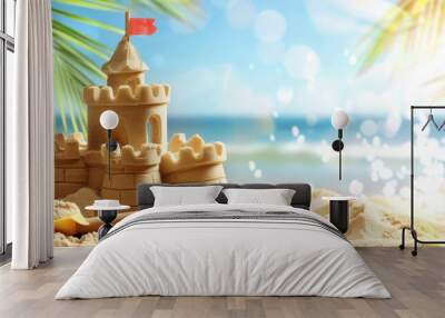 Landscape summer vacation holiday travel ocean sea background panorama - Close up of sand castle,sand shovel and palm tree laeves on the beach with sunshine Wall mural