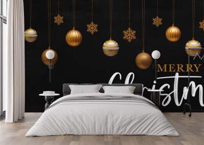 Merry Christmas celebration holiday banner template greeting card panorama - Group of hanging gold golden Christmas balls Christmas baubles ornaments and ice crystals, isolated on black background. Wall mural