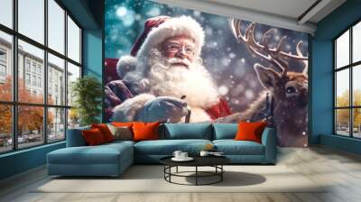 Merry Christmas holiday vacation winter background greeting card -  Santa Claus sitting on Christmas sleigh, with reindeer, snowflakes and sun bokeh light (Generative Ai) Wall mural