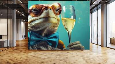 New Year's Eve, Sylvester, New Year or birthday party celebration greeting card - A funny turtle with champagne glass, champagne cheers during a celebration, isolated on blue background Wall mural