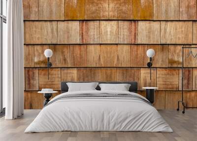 Old brown rustic light bright wooden shingle wall  texture - wood background panorama banner long pattern Wall mural