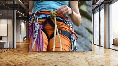 Outdoor adventure outdoors climber, extreme sport background - Close up of a sporty slim woman with climbing harness, rope and carabiner for security, climbing on a rock in the mountains Wall mural