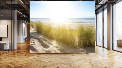 Panoramic landscape background banner panorama of sand dune, beach and ocean North Sea with blue sky, clouds and sunbeams Wall mural