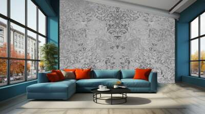 Seamless abstract mosaic grey gray white concrete stone cement wall texture, with ornate flower leaf pattern print tile wallpaper wide background panorama
 Wall mural