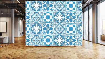 Seamless blue white vintage retro geometric square mosaic flower leaf ornate motif cement tiles wall texture background banner panorama Wall mural