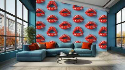 Sexy female 3d lips with red lipstick isolated on blue background banner illustration. Seductive lady mouth open, red lips, seamless pattern Wall mural