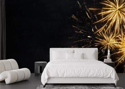 Silvester Festival Party New Year 2025 Fireworks background banner panorama - firework pyrotechnics and sparklers on rustic dark black night sky texture. Wall mural