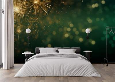 Silvester Sylvester 2024 New year New Year's Eve Party background banner panorama illustration - Abstract gold firework fireworks on dark green texture with bokeh lights Wall mural