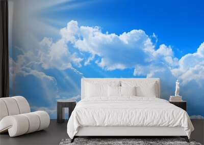 Summer weather / cloudscape landscape background banner - Blue sky with clouds and sun sunshine sunbeams sun rays Wall mural