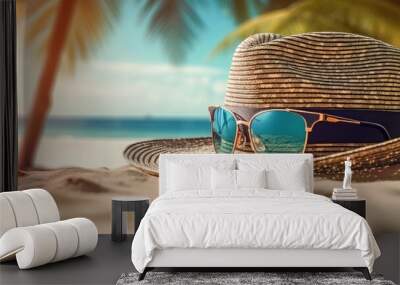 Vacation summer holiday travel tropical ocean sea background panorama - Close up of straw hat and sunglasses on the beach with ocean and palms in the background (Generative Ai) Wall mural