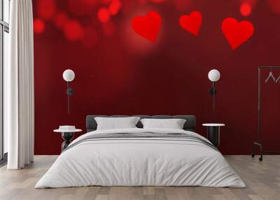 valentine's day background banner panorama - Red hearts and bokeh lights on red festive texture Wall mural