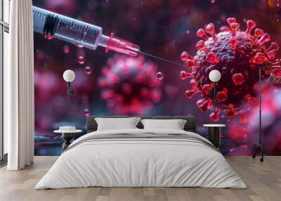 Virology medicine science background banner panorama long wide illustration - vaccination injection against corona virus, covid, flu, microscopic view of influenza virus cells,3d viruses texture Wall mural