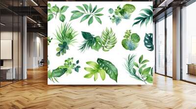 Watercolor painting tropical leaf illustration collection set - many different leaves, isolated on white background (Generative Ai) Wall mural