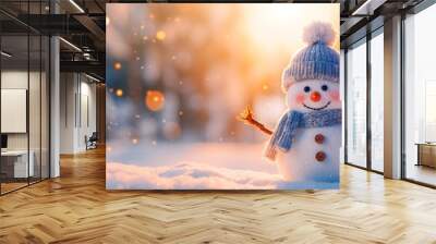 Winter holiday christmas background banner - Closeup of cute funny laughing snowman with wool hat and scarf, on snowy snow snowscape with bokeh lights, illuminated by the sun (Generative Ai) Wall mural