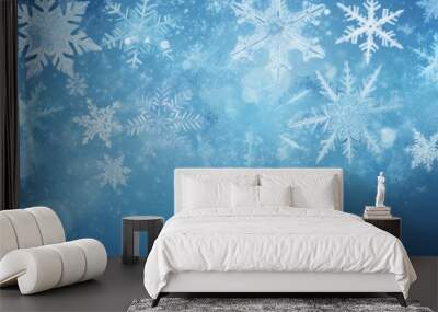 Winter weather snow snowy, chrsitmas background banner greeting card - Frame made of frozen ice crystal and snowflakes and with blue sky and sunshine (Generative Ai) Wall mural