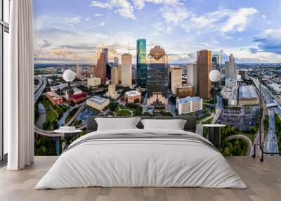 Ariel cityscape view of downtown Houston Texas with park in foreground Wall mural