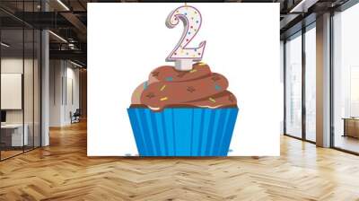 second birthday cupcake with lit candle in shape of number two Wall mural