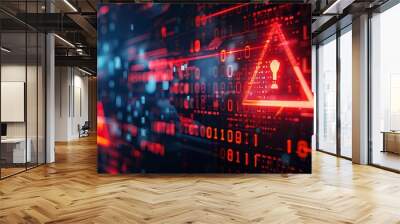 Abstract cybersecurity red alert warning padlock symbol with binary letters and numbers on a digital background, information security, data protection concept Wall mural