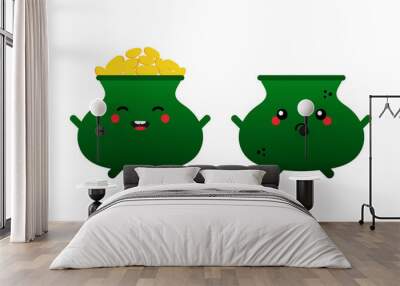 Cute cartoon style pot of gold characters, happy full of gold and sad empty. St.Patrick's Day design icons. 
 Wall mural