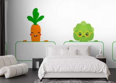 Set, collection of cute cartoon style broccoli, carrot, artichoke, onion characters holding in hands blank cards, banners, boards.
 Wall mural