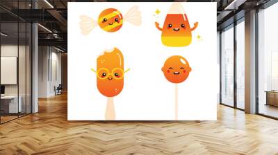 Set, collection of cute cartoon style candy and sweet products. Funny and smiling sweets, candy corn, ice cream, lollipop characters for confectionery design. Wall mural