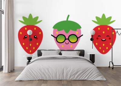 Variety of cute and smiling cartoon style strawberry characters for food and nature design. Set, collection of strawberry icons. Wall mural